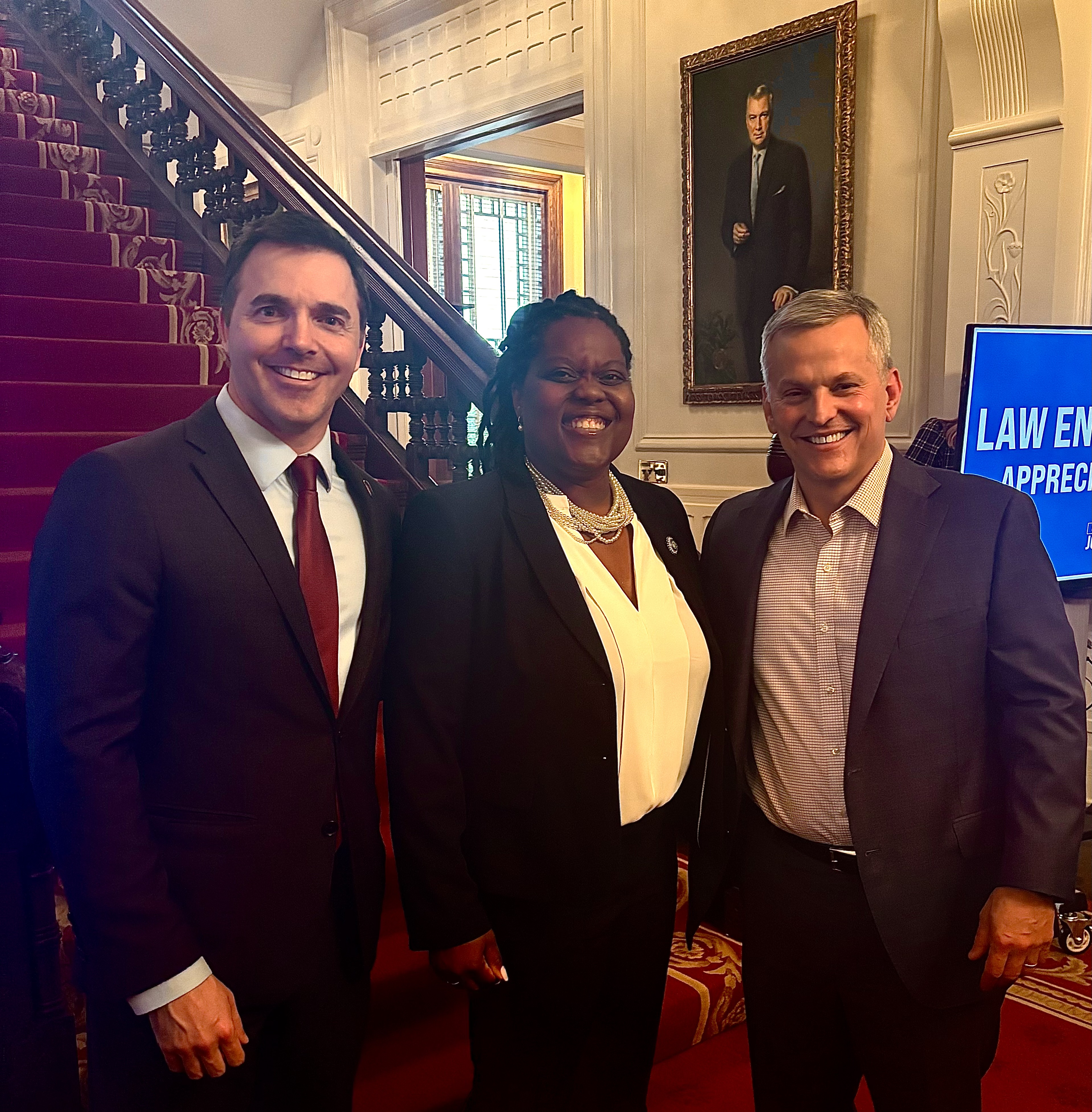 Jamie Adams with Governor Josh Stein and North Carolina Attorney General Jeff Jackson at a Law enforcement Appreciation reception hosted at the North Carolina Executive Mansion.